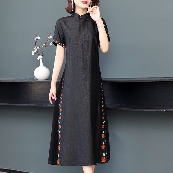

luxury casual dresses cloud gauze improved cheongsam 2021 temperament aging drs plain mulberry silk embroidered medium skirt, Black;gray