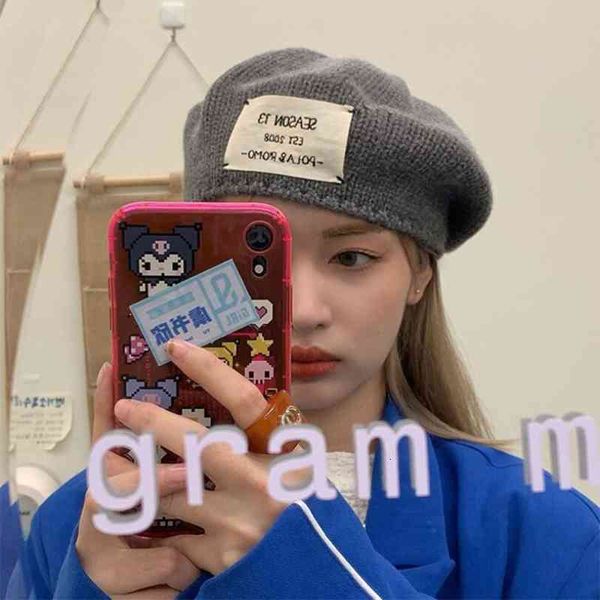 

ins harajuku summer korean version of the ladies letter knit cap hugh beret leisure cap student retro painter hat, Blue;gray