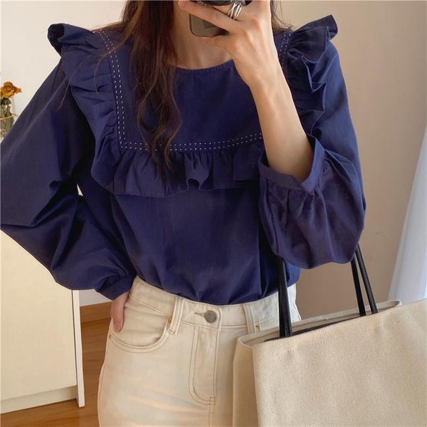 

korean sweet ruffled bright line solid long sleeve shirts female versatile fashion elegant autumn blouses, White