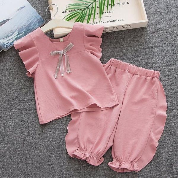 

clothing sets summer children baby girls two pieces outfit casual sleeve bow t-shirt+short pants suits costume set, White