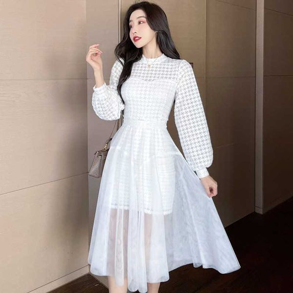 

fashion spring two pieces set women elegant sweet lace long sleeve slim bodycon mini dress + mesh skirts suit 210526, White