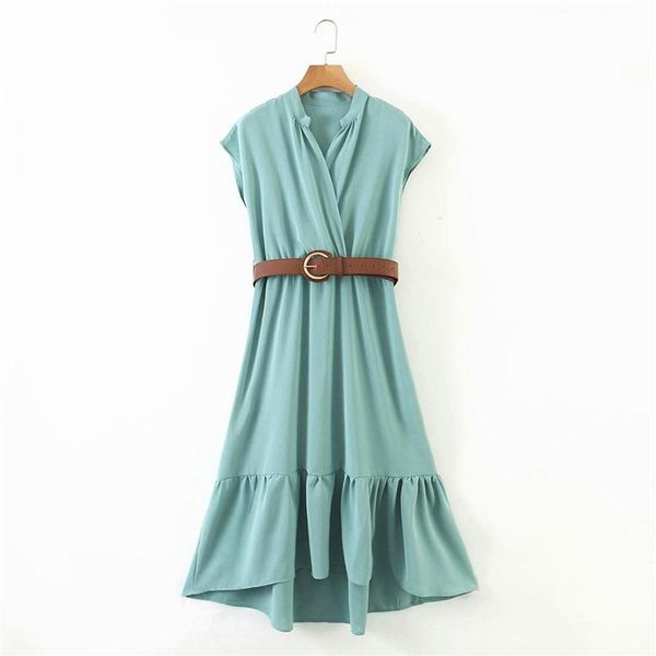 

elegant women solid green dress 2021 summer fashion ladies v-neck asymmetric dresses female sashes dress girls chic vestidos, Black;gray