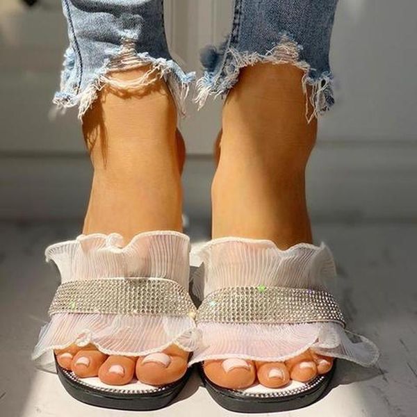 

slippers 2021 summer women's slipper diamond ruffle mesh lace design fashionable soft bottom antiskid cute falt for women, Black