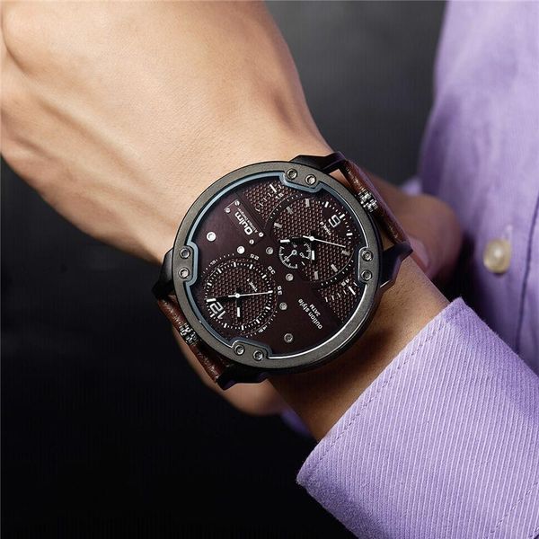 

wristwatches men's fashion quartz watches unique large dial design men wristwatch business casual sport male gmt dual time watch, Slivery;brown