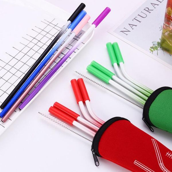 

drinking straws gradient color stainless steel metal cleaner reusable party straw with anti-scratch silicone head bags