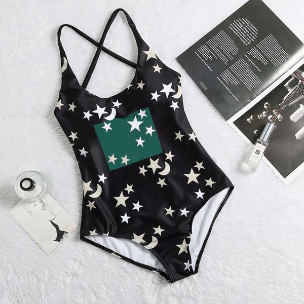 

star print designer padded push up women one-piece swimwear outdoor beach travel vacation bandage swimsuits casual must, Black;green