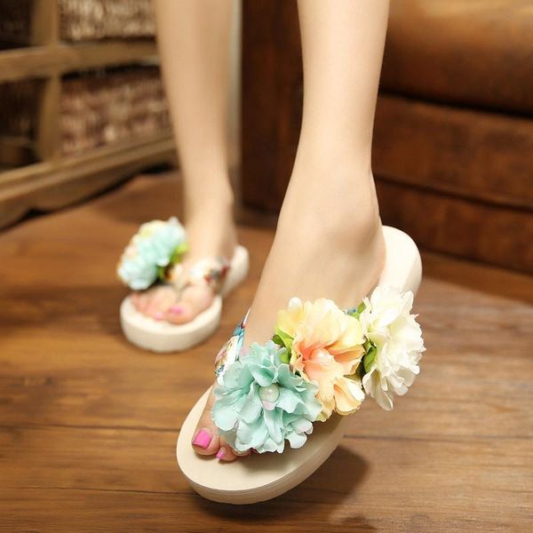 

slippers fashion woman beach flip flops summer sandals flower bohemia platform flat shoes female indoor plus size 35-42, Black
