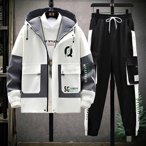 

men's tracksuits men sets spring and autumn tooling jacket suit two-piece trend korean student ins 2021 japanese style clothing, Gray