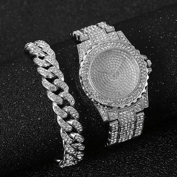 

wristwatches watch + bracelet for women cuban chain charm iced out fashion luxury gold set jewelry relojes, Slivery;brown