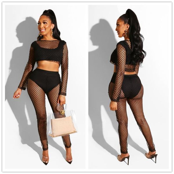 

women's tracksuits summer style black mesh hollow out o-neck crop with pants solid two piece outfits women sets, Gray