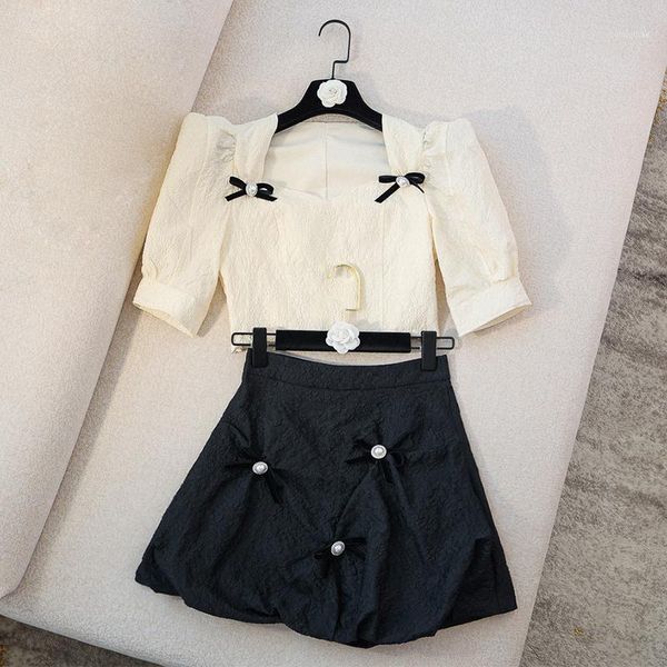 

women's tracksuits high street est 2021 summer style small fragrant wind bubble sleeve square collar bow jacquard + waist shorts suits, Gray