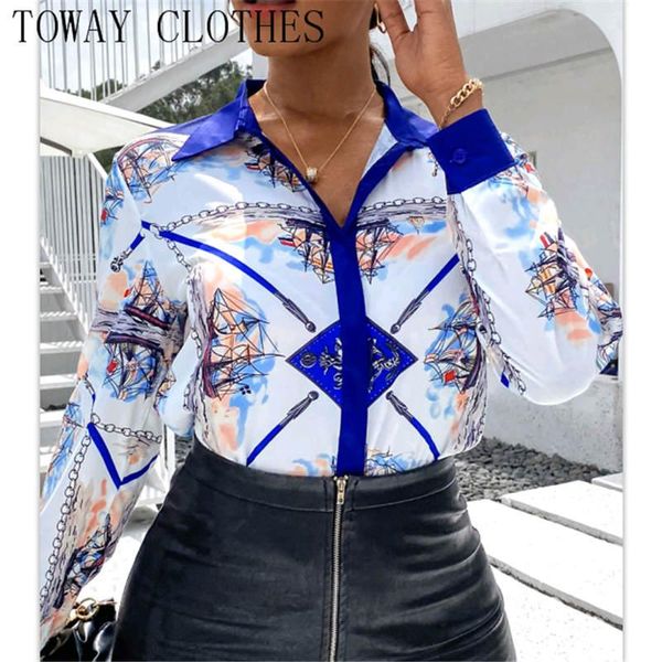 

women's blouses & shirts 2021 women chic scarf print colorblock long sleeve shirt turn down collar autumn blouse, White