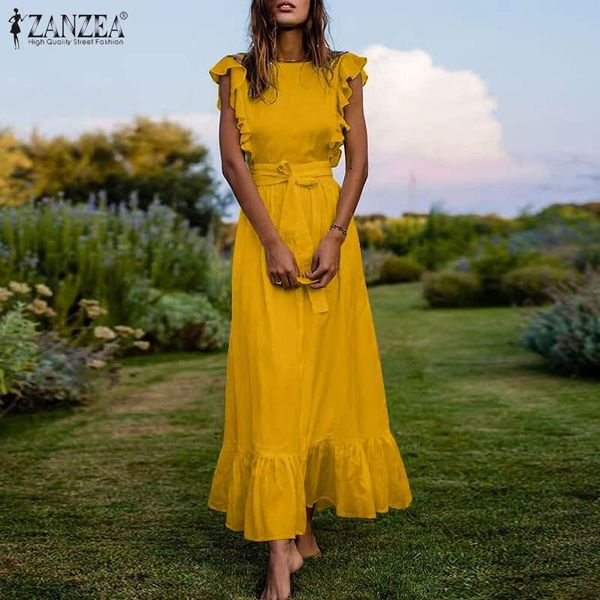 

behemian women dress zanzea 2021 summer ruffle sleeveless maxi tank vestidos casual sollid o-neck lace up sundress plus size 5, Black;gray