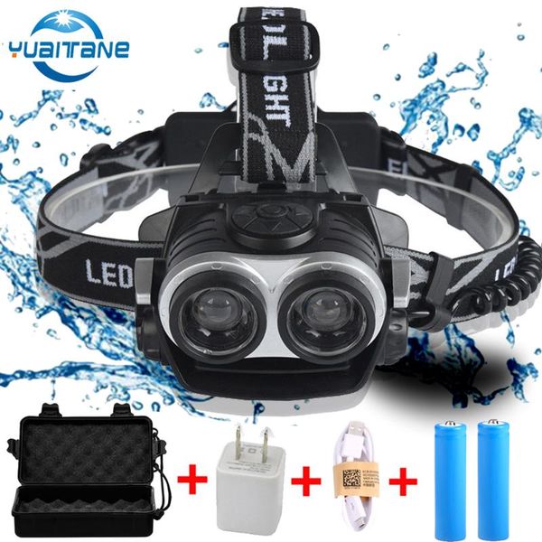 

head lamps 30000lms led headlamp 2*t6 zoomable focus headlight torch lamp usb rechargeable lantern use 2* 18650 battery