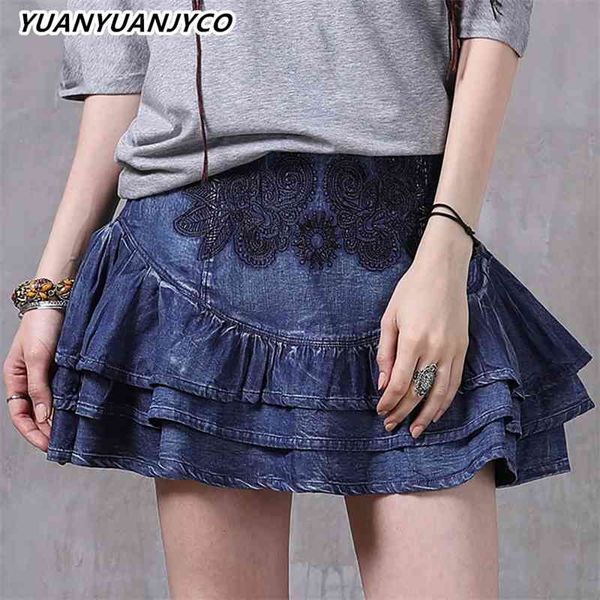 

skirts yuanyuanjyco summer women mini indie denim vintage embroidery floral ruffled hems a-line high waist short jean clothes 0375, Black