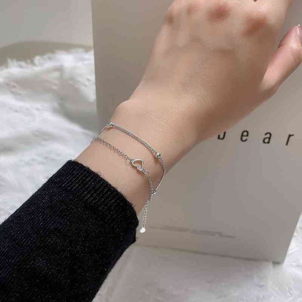 

party link chain bangle heart elegant women girls bracelets charm jewelry 925 sterling silver double layers, Golden;silver