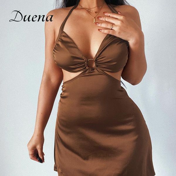 

casual dresses duena satin halter neck mini dress 2021 off shoulder hollow out waist low cut backless strap black club summer women, Black;gray