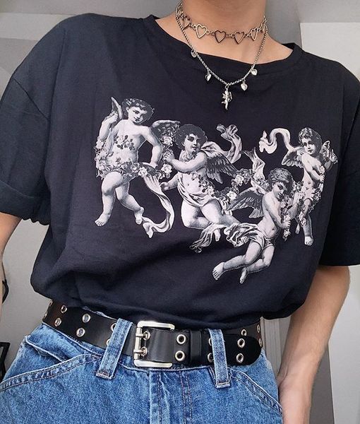 

kuakuayu hjn four cherub print lime light green t shirt women summer light green streetwear vintage casual oversized tees 210302, White