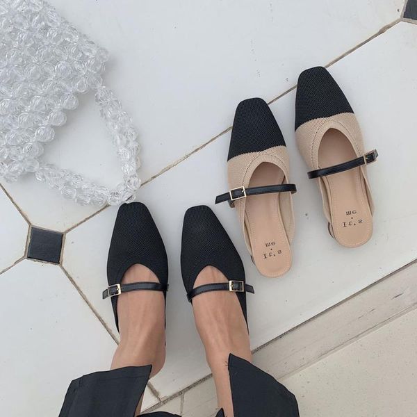 

slippers 2021 summer women mules ulzzang fashion ladies shoes square toe brand breathable woman casual slides flats outside, Black