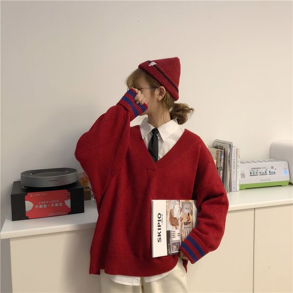 

2021 new college style loose v-neck sweater and all-match solid color shirt to send tie aujs, White;black