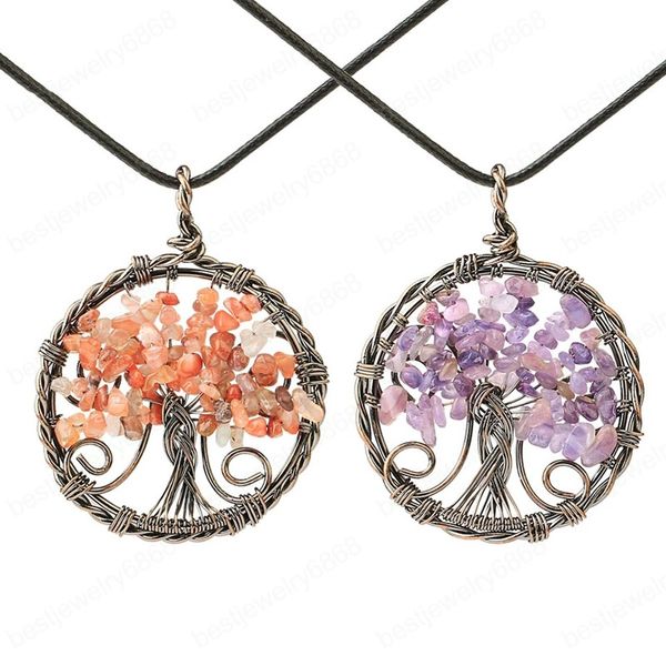 7 чакра дерево жизни ожерелье кулон ручной работы проволоки обернутые медь Reiki натуральный камень чип бусин ожерелья для женщин