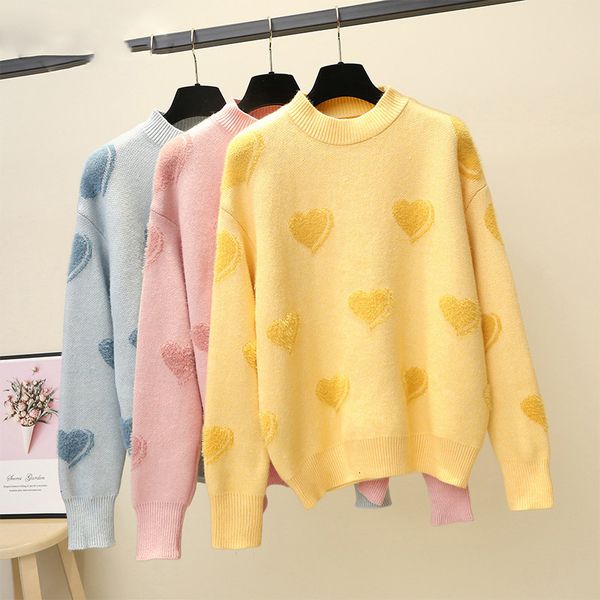 

heart pattern knit pullover sweater women jumper winter korean kawaii cute long sleeve fluffy sweater female yellow, White;black