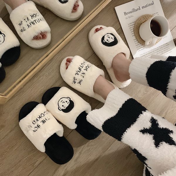 

fashion ins style couple cotton slippers female autumn and winter home warm plush shoes male, Black