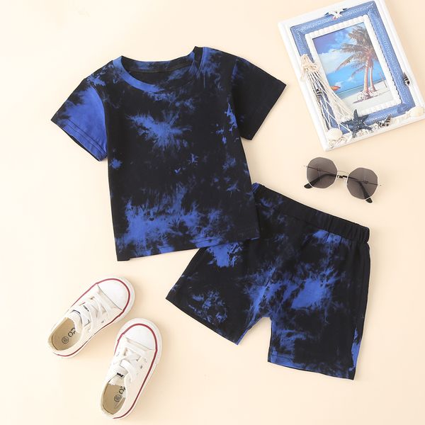 

2021 summer new selling childrens multi-color round neck pullover cotton tie-dye plain short-sleeved two-piece suit, White