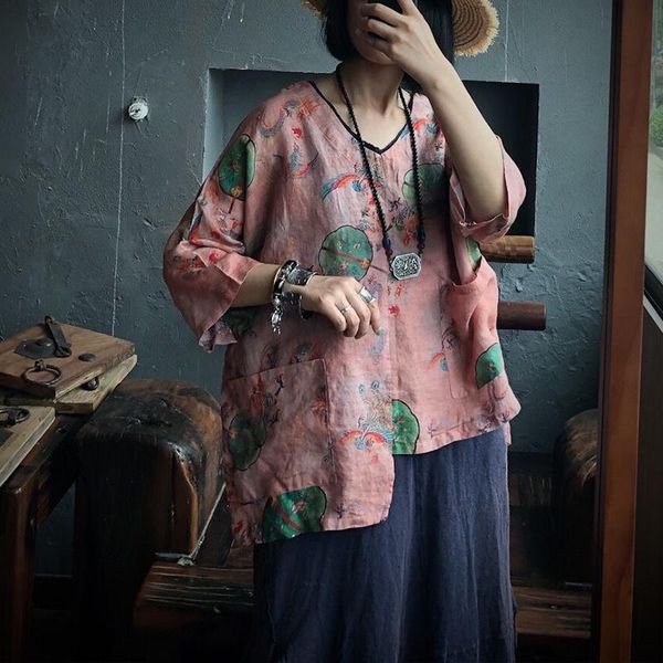 

johnature women vintage ramie linen shirt pink print flower blouses 2021 autumn three quarter sleeve v-neck shirts retro, White