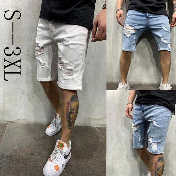 

2021 summer new men's ripped denim shorts classic style white blue fashion casual denim shorts male s-3xl