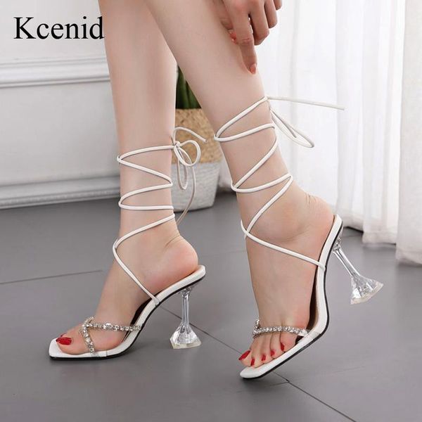 

sandals kcenid women summer lace up transparent crystal rhinestone shoes woman clear strange heel ladies wedding, Black