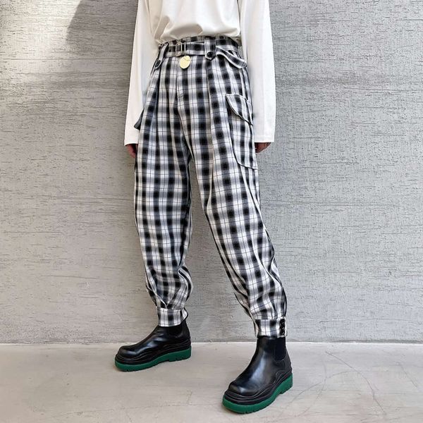 

high waisted and thin plaid pants men's fashion clothing leggings, Blue