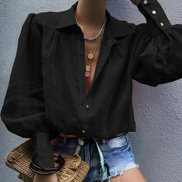 

women's blouses & shirts fashion womens loose blouse puff sleeve v neck spring white autumn casual button female blusas party elegant