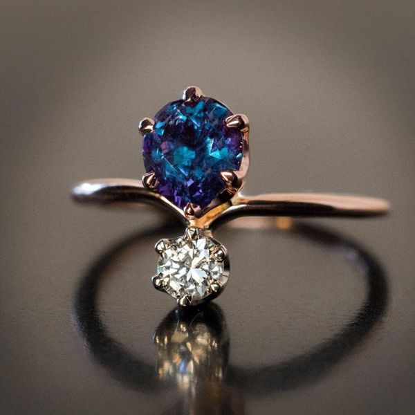 

cluster rings visisap exquisite double zircon blue white inlaid rose gold color plated prong setting copper for women wholesale f250, Golden;silver