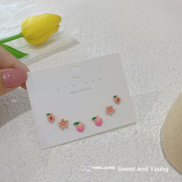 

stud s925 fashion pink peach earrings set girl heart cute sweet fruit summer small fresh female trend, Golden;silver