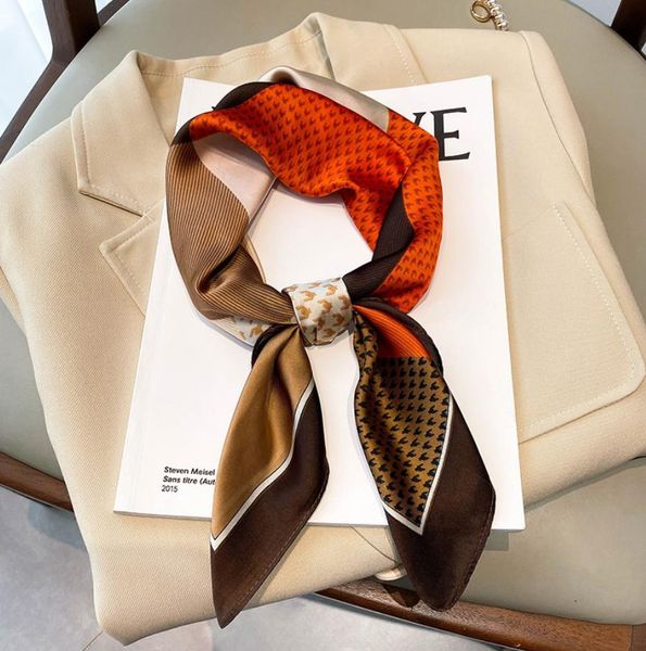 

scarves women ladies silk scarf spring summer patchwor small thin narrow square headband headscarf handle 70*70cm, Blue;gray