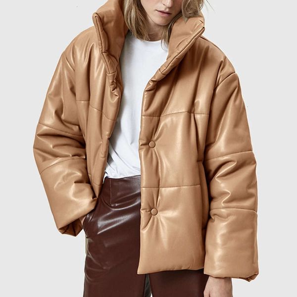 

20212020 autumn and big lapel imitation leather stand collar bread winter pu cotton clothing women's coat, Black