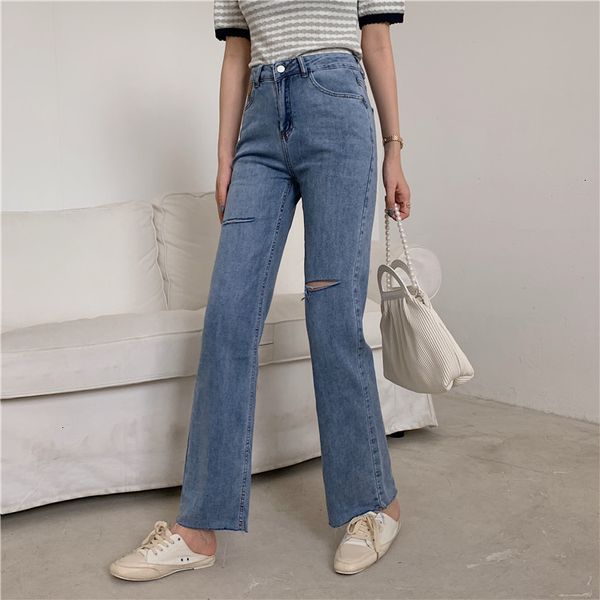 

new autumn 2021 ripped design for mujer women loose style wide leg denim vintage jeans pants s8v0, Blue