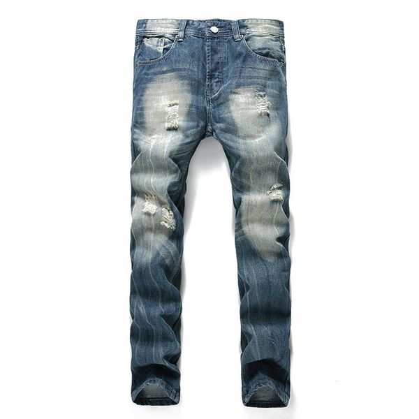 

men's jeans 2021 summer thin section trendy light blue ripped brand slim pants