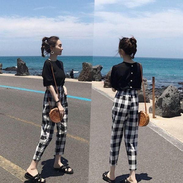 

women's pants & capris for women korean thin section student casual fashion loose straight plus size high waist trendy plaid summer all, Black;white