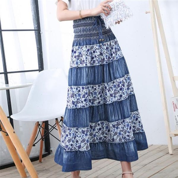 

maxi skirt high waist denim skirt women cotton vintage summer ladies casual elastic waist patchwork floral long skirts ds50661, Black
