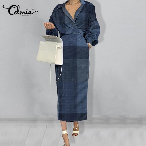 

casual dresses women wrapped midi dress celmia 2021 autumn plaid lapel split hem long shirt vestidos elegant bat sleeve bandage robes, Black;gray