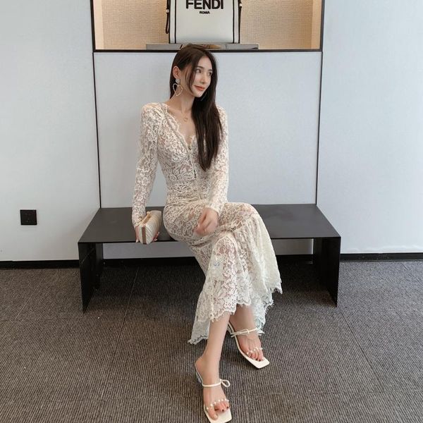 

casual dresses retro white lace dress women 2021 autumn v neck perspective diamonds beaded long sleeve ruffles bodycon mermaid maxi, Black;gray