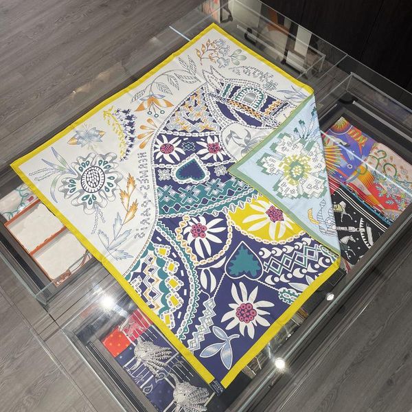 

scarves 90cm mosaic horse double sided 100% silk scarf brand design hand rolled edge natural square women shawl hijab bandana, Blue;gray