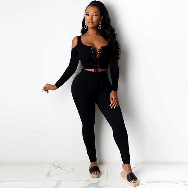 

women's two piece pants 2021 quality fashion design 2pcs women set spring solid spaghetti strap hollow out casual, White