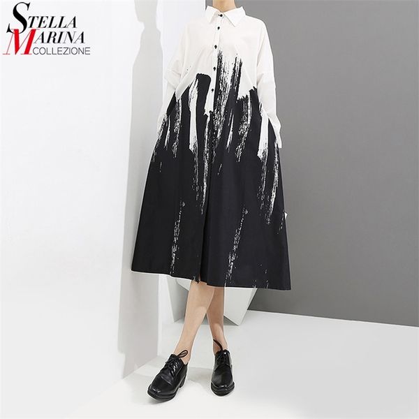 

painting style long sleeve woman black and white printed shirt dress tie-dyed plus size midi ladies casual dress robe femme 3400 210309, Black;gray
