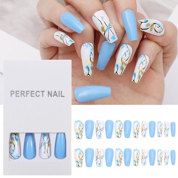 

false nails fashion blue nail art glitter fake ballet tip t-shaped, Red;gold