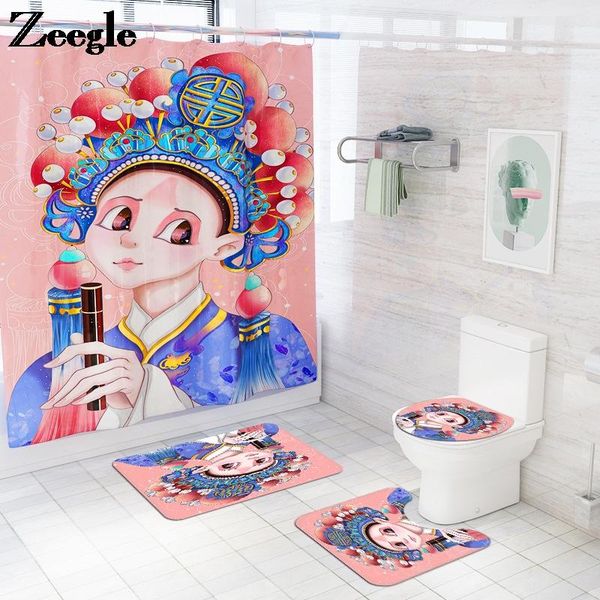 

bath mats traditional cartoon peking opera printed bathroom mat and shower curtain set anti-slip foot for toilet rug