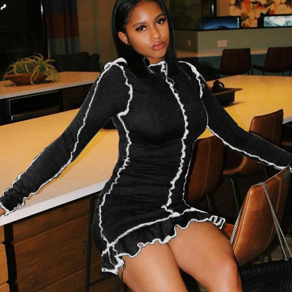 

casual dresses autumn fashion stand neck bodycon dress long sleeve ruffle slim color contrast party night club package hip, Black;gray