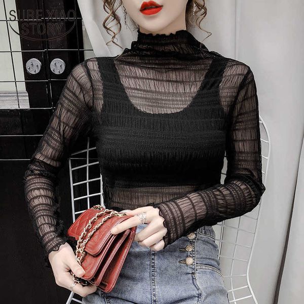 

lace bottoming blouse women autumn lantern sleeve black and white mesh short fashion blusas chemisier femme 12073 210528